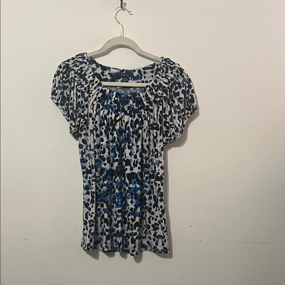 Style & Company Blue, Black off White Abstract Leopard Print Women's Top Large
